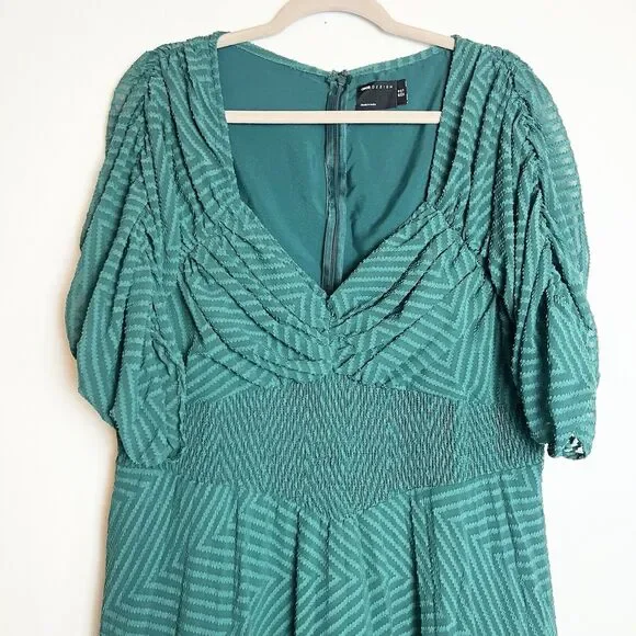 ASOS Ruched Waist Pleated Midi Dress Green Striped Sz 14 - Picture 2 of 14